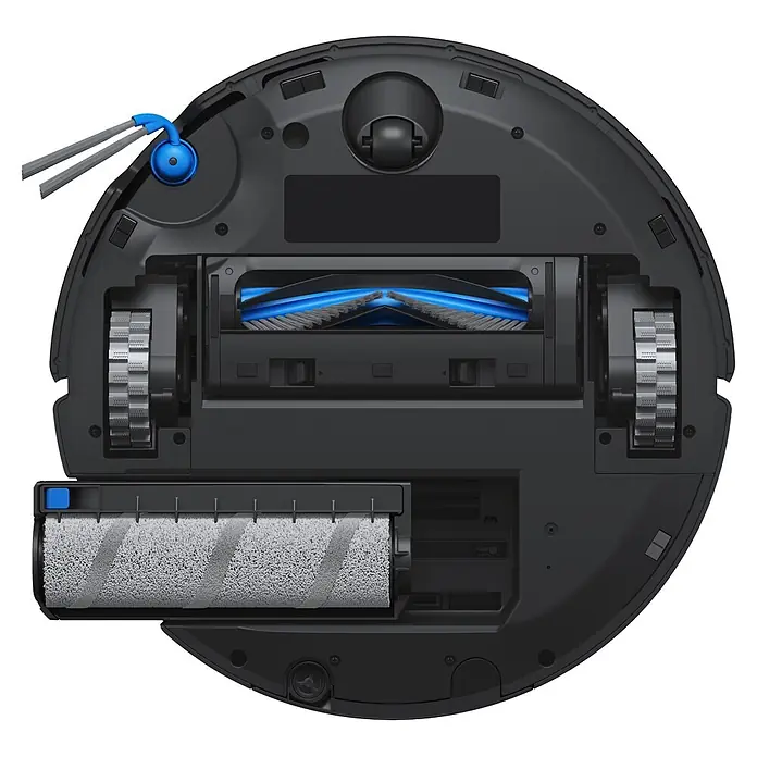 Ecovacs Saugwischroboter Deebot T80S Omni - Saugkraft: 24,8 Pa, Akkulaufzeit: 185 min, Fassungsvermögen Roboter: 220 ml - Unterseite eines dunkelgrauen Saugroboters mit blauer Hauptbürste, Seitenbürste, texturierter Wischwalze und Antriebsrädern.