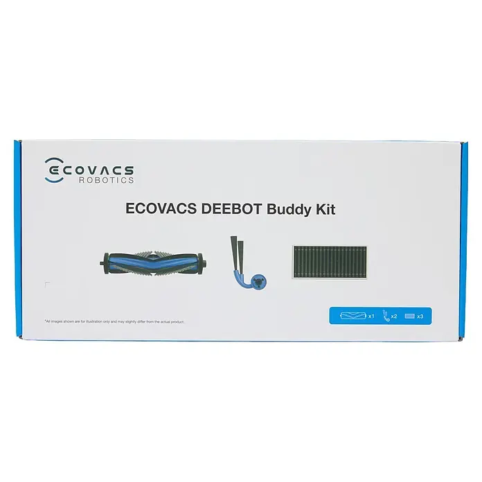 Ecovacs Reinigungsroboter-Ersatzbürsten Servicekit T80S Omni - Material: Kunststoff, Gesamtstückzahl: 6 -tlg. - ECOVACS DEEBOT Buddy Kit Karton mit einer blau-schwarzen Hauptbürste, zwei Seitenbürsten und drei dunkelgrünen Filterpads.
