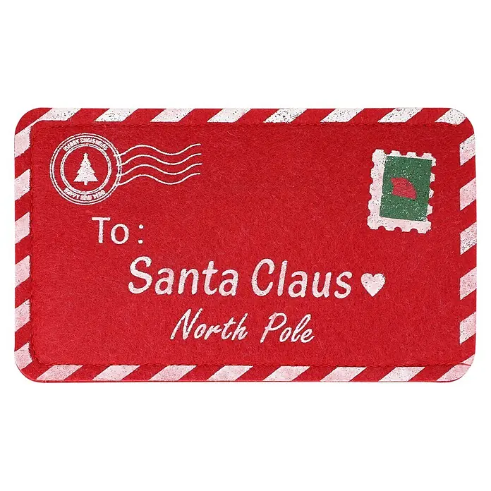 Besteckhalter - 19 x 15 cm, Rot - Roter Filzumschlag an den Weihnachtsmann mit Streifenrand, Weihnachtsbaum-Poststempel und Weihnachtsmützen-Briefmarke.