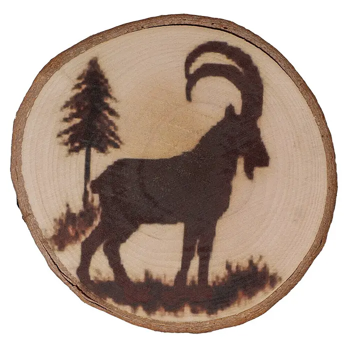 Untersetzer - 1 Stk., Sortiert, Durchmesser: 10 cm - Runde Holzscheibe mit Brandmalerei eines Steinbocks und eines Baumes.