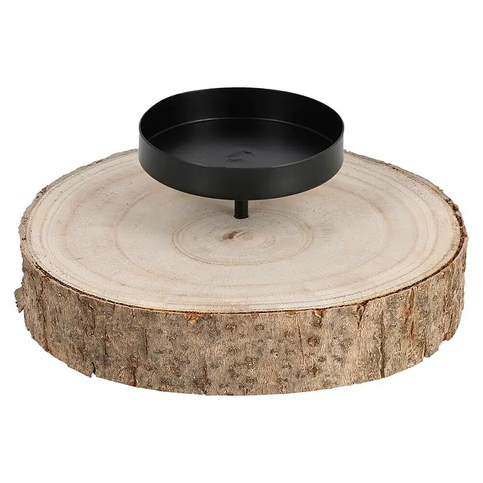 Kerzenhalter Paulownia - 20 x 4 cm, Holz, Natur - Runde Holzscheibe mit schwarzem Metall-Kerzenhalter.