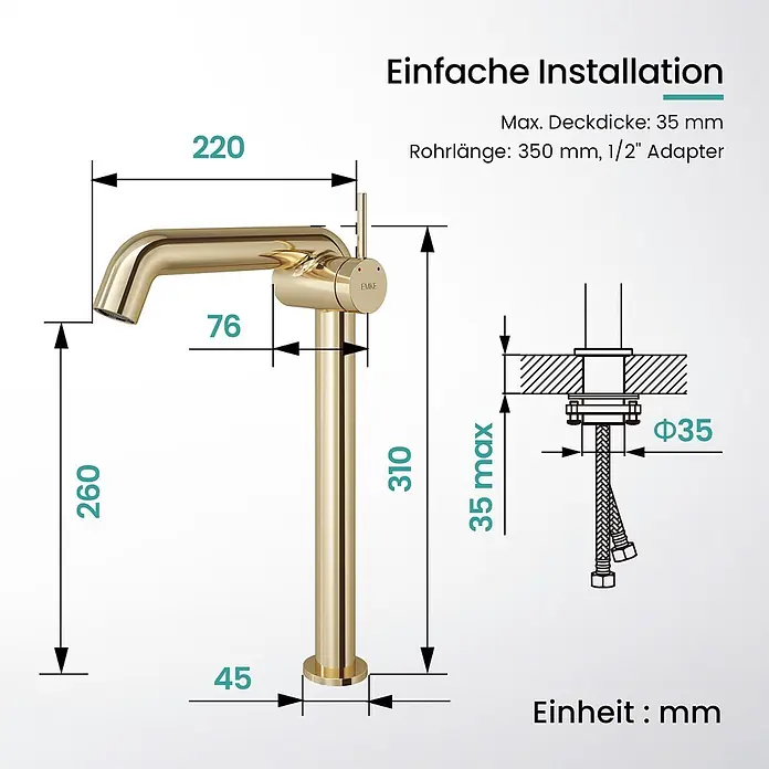 Emke Waschtischarmatur Flowcurv XF24 - Gold, Glänzend