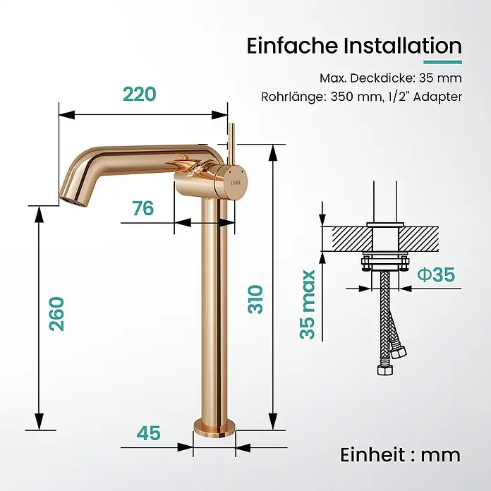 Emke Waschtischarmatur Flowcurv XF24 - Roségold, Glänzend