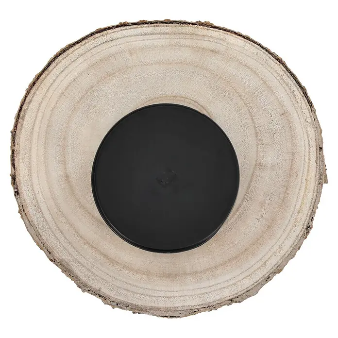 Kerzenhalter Paulownia - 20 x 4 cm, Holz, Natur - Rundes schwarzes Produkt auf einer runden Holzscheibe.
