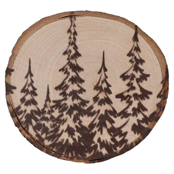 Untersetzer - 1 Stk., Sortiert, Durchmesser: 10 cm - Runde Holzscheibe mit eingebrannten Kiefernsilhouetten.