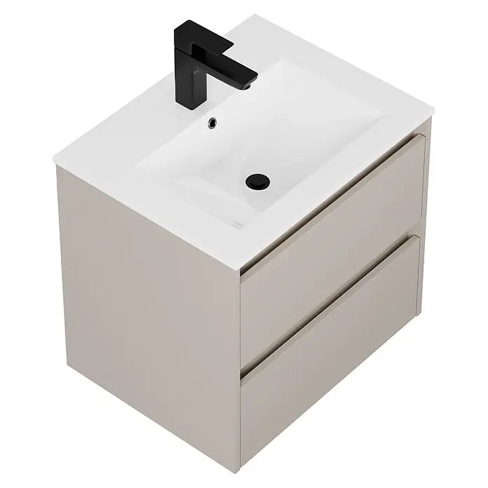 Riva Sabbia Badmöbel-Set - Gesamtbreite Badmöbel: 61,5 cm, Kaschmir, Matt - Hellgrauer Badunterschrank mit weißem Waschbecken und schwarzer Armatur. Zwei Schubladen.
