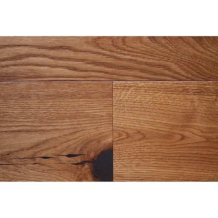 Parkett Eiche Bochum - Braun, Landhausdiele, 1.900 x 150 x 14 mm - Natürliche Eichenholz-Dielen mit Maserung und dunklem Ast.