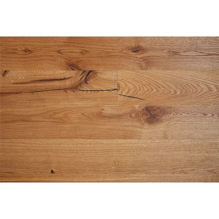 Parkett Eiche Bochum - Braun, Landhausdiele, 1.900 x 150 x 14 mm - Hellebraune Holzfußböden mit ausgeprägter Maserung, natürlichen Variationen und dunklen Ästen, ideal für rustikale Innenräume.