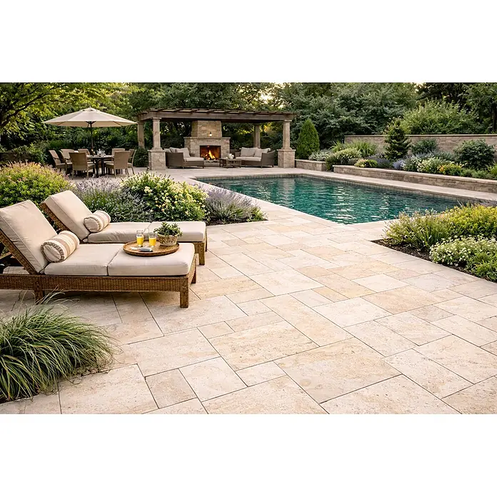Terrassenplatte Travertin Römischer Verband Ivory - Beige, Travertin, 1,48 m² - Stimmungsaufnahme