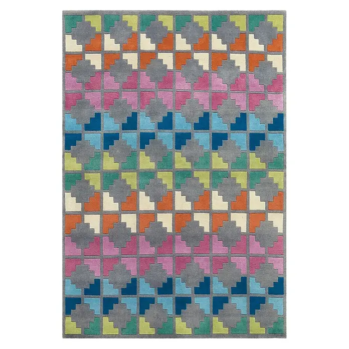 Kayoom Wollteppich Cristal 8019 - Multi, 180 x 120 cm, 100 % Wolle - Geometrischer Teppich mit grauem Gittermuster und bunten L-Formen und rautenartigen Formen in Orange, Rosa, Blau und Grün.