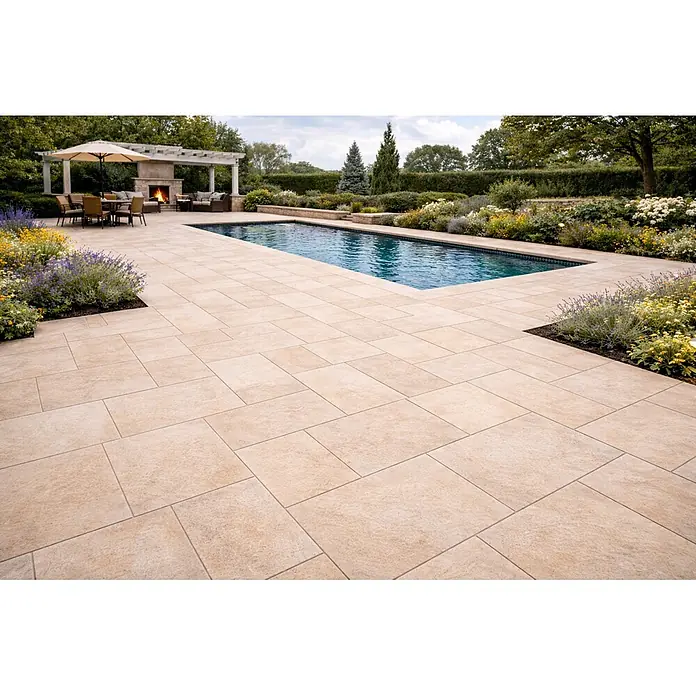 Terrassenplatte Travertin Ivory - 61 x 40,6 x 3 cm, Travertin, Beige - Stimmungsaufnahme