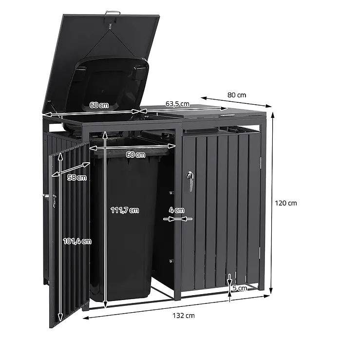ML-Design Mülltonnenbox 2er 240L mit Klappdeckel und abschließbaren Türen 132x80x120 cm Anthrazit - Stahl, Anthrazit, Geeignet für Anzahl Mülltonnen: 2 Stk.