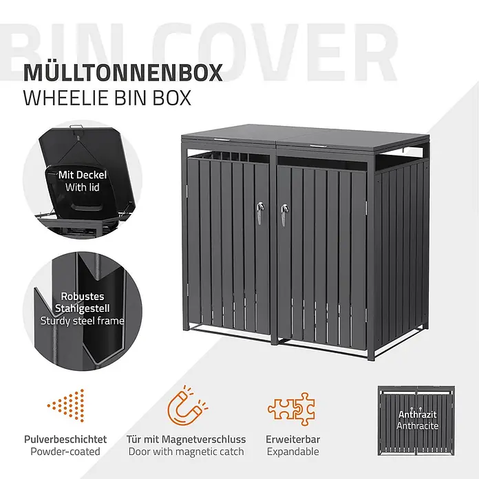 ML-Design Mülltonnenbox 2er 240L mit Klappdeckel und abschließbaren Türen 132x80x120 cm Anthrazit - Stahl, Anthrazit, Geeignet für Anzahl Mülltonnen: 2 Stk.