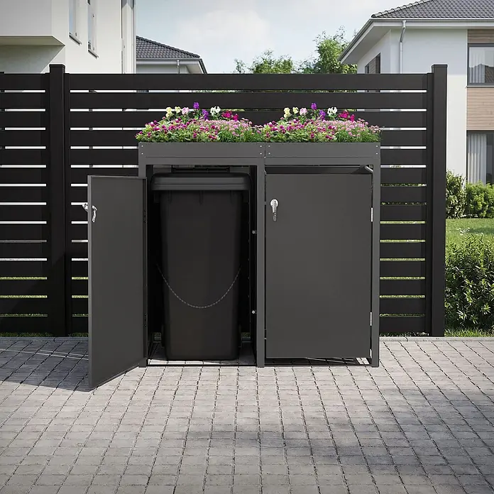 ML-Design Mülltonnenbox 4er 240L mit Pflanzdach 264x80x124 cm Anthrazit - Stahl, Anthrazit, Geeignet für Anzahl Mülltonnen: 4 Stk.