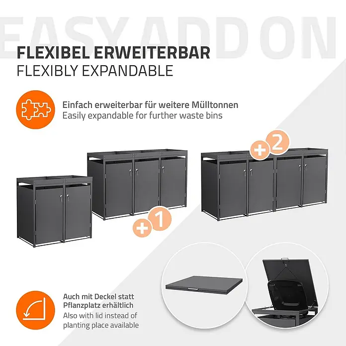 ML-Design Mülltonnenbox 4er 240L mit Pflanzdach 264x80x124 cm Anthrazit - Stahl, Anthrazit, Geeignet für Anzahl Mülltonnen: 4 Stk.