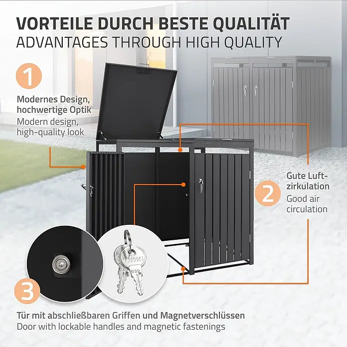 ML-Design Mülltonnenbox 2er 240L mit Klappdeckel und abschließbaren Türen 132x80x120 cm Anthrazit - Stahl, Anthrazit, Geeignet für Anzahl Mülltonnen: 2 Stk.