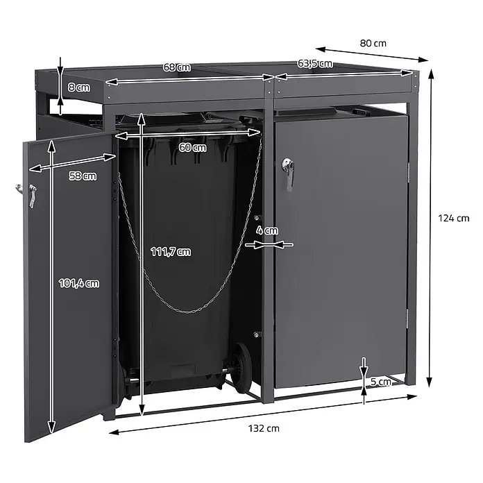 ML-Design Mülltonnenbox 3er 240L mit Pflanzdach 200x80x124 cm Anthrazit - Stahl, Anthrazit, Geeignet für Anzahl Mülltonnen: 3 Stk.