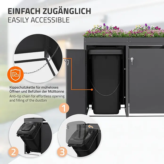 ML-Design Mülltonnenbox 4er 240L mit Pflanzdach 264x80x124 cm Anthrazit - Stahl, Anthrazit, Geeignet für Anzahl Mülltonnen: 4 Stk.