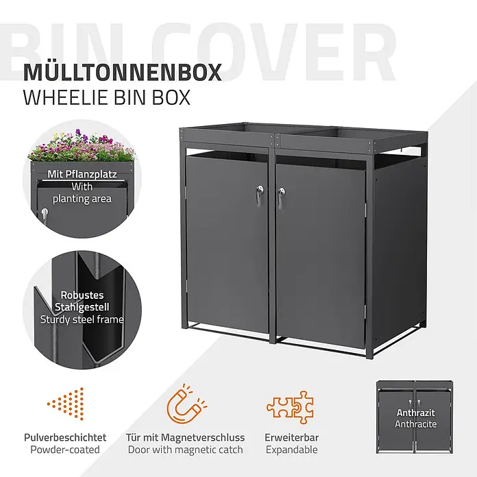 ML-Design Mülltonnenbox 2er 240L mit Pflanzdach abschließbar 132x80x124 cm Anthrazit - Stahl, Anthrazit, Geeignet für Anzahl Mülltonnen: 2 Stk.