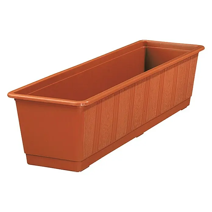 Geli Standard Balkonkasten - Max. Außenlänge: 60 cm, Terracotta - Braunfarbener, länglicher Pflanzkasten mit geriffeltem Muster an den Seiten für den Innen- und Außenbereich.