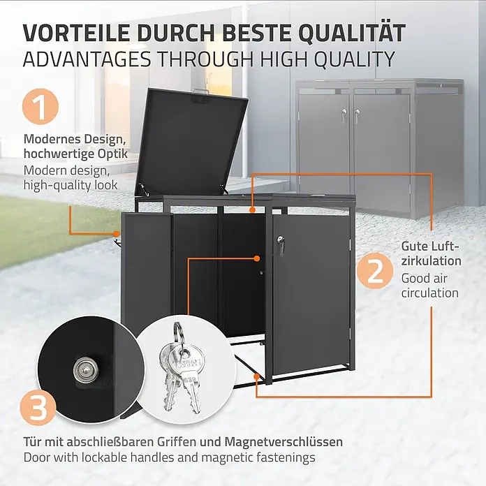 ML-Design Mülltonnenbox Mülltonnenbox 4er 240L 264x80x120cm Anthrazit mit Klappdeckel - Stahl, Anthrazit, Geeignet für Anzahl Mülltonnen: 2 Stk.