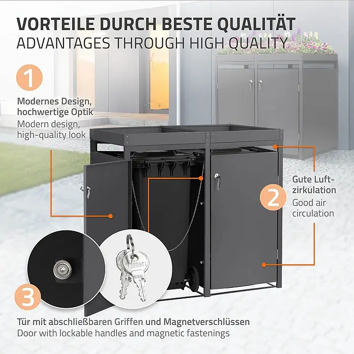 ML-Design Mülltonnenbox 3er 240L mit Pflanzdach 200x80x124 cm Anthrazit - Stahl, Anthrazit, Geeignet für Anzahl Mülltonnen: 3 Stk.