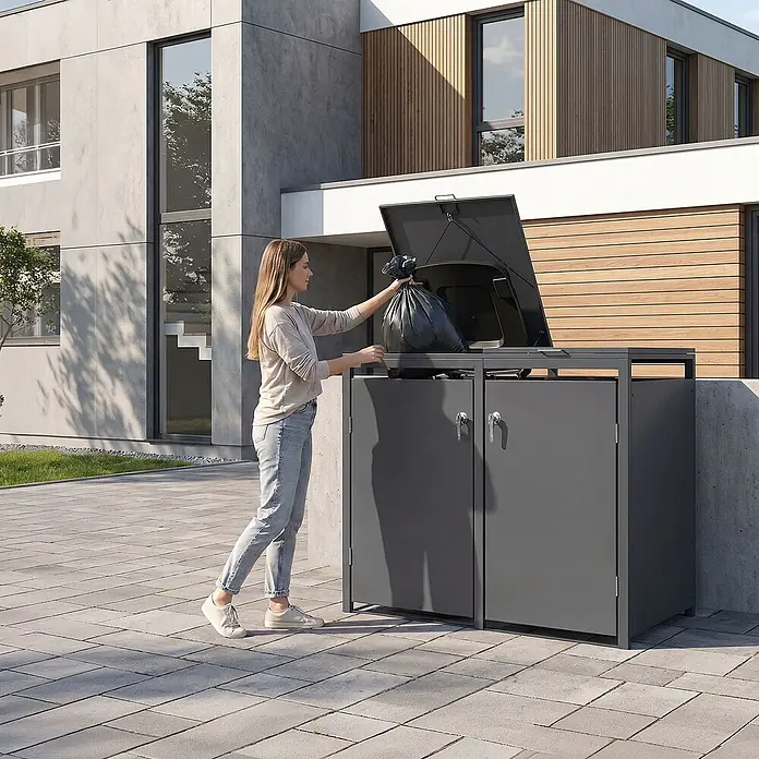 ML-Design Mülltonnenbox Mülltonnenbox 4er 240L 264x80x120cm Anthrazit mit Klappdeckel - Stahl, Anthrazit, Geeignet für Anzahl Mülltonnen: 2 Stk.