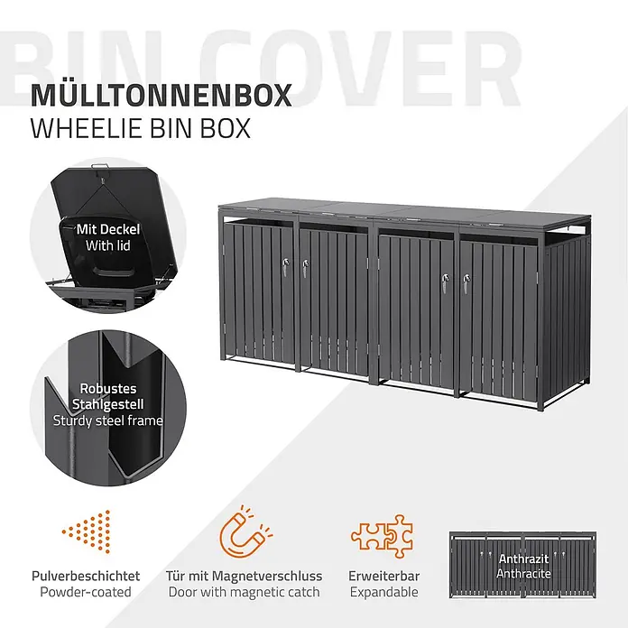 ML-Design Mülltonnenbox 4er 240L mit Klappdeckel 264x80x120 cm Anthrazit - Stahl, Anthrazit, Geeignet für Anzahl Mülltonnen: 4 Stk.