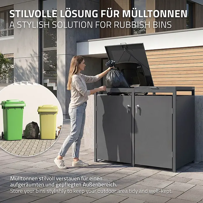 ML-Design Mülltonnenbox Mülltonnenbox 4er 240L 264x80x120cm Anthrazit mit Klappdeckel - Stahl, Anthrazit, Geeignet für Anzahl Mülltonnen: 2 Stk.