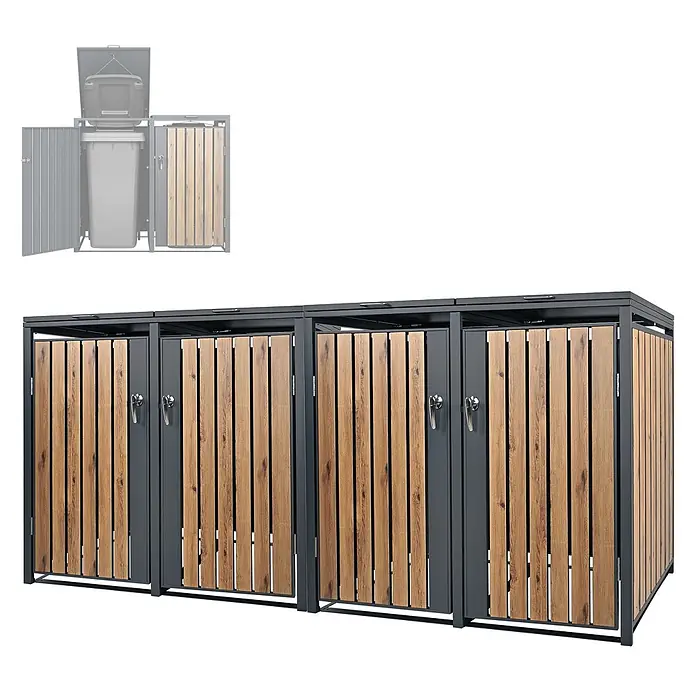 ML-Design Mülltonnenbox Mülltonnenbox 4er 240L 264x80x120cm Holzoptik mit Tür - Stahl, Anthrazit, Braun, Geeignet für Anzahl Mülltonnen: 2 Stk.