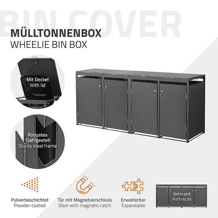 ML-Design Mülltonnenbox Mülltonnenbox 4er 240L 264x80x120cm Anthrazit mit Klappdeckel - Stahl, Anthrazit, Geeignet für Anzahl Mülltonnen: 2 Stk.