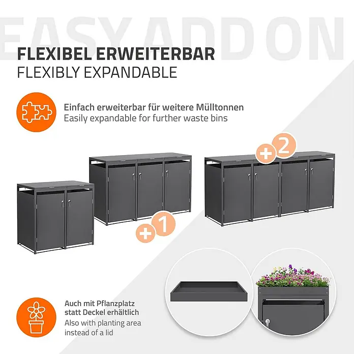 ML-Design Mülltonnenbox Mülltonnenbox 4er 240L 264x80x120cm Anthrazit mit Klappdeckel - Stahl, Anthrazit, Geeignet für Anzahl Mülltonnen: 2 Stk.