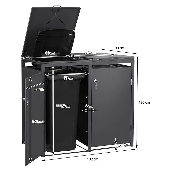 ML-Design Mülltonnenbox Mülltonnenbox 4er 240L 264x80x120cm Anthrazit mit Klappdeckel - Stahl, Anthrazit, Geeignet für Anzahl Mülltonnen: 2 Stk.