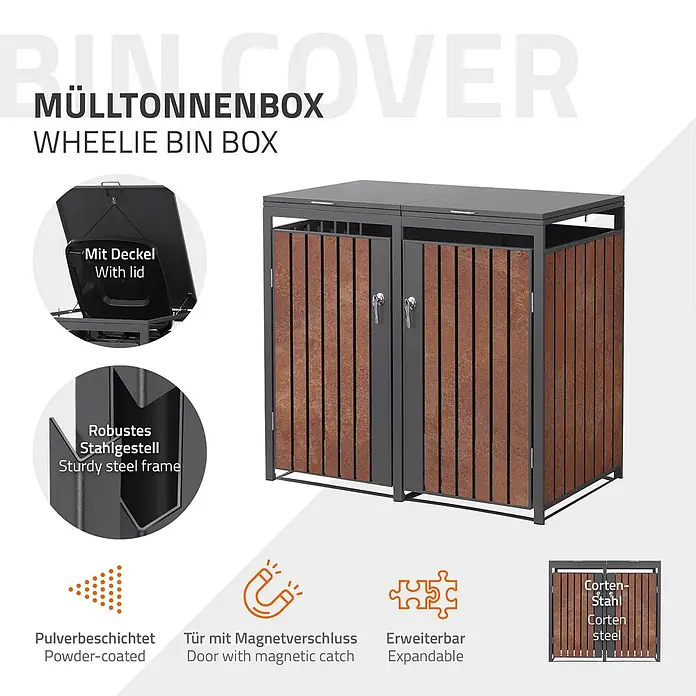 ML-Design Mülltonnenbox 2er 240L 132x80x120 cm Anthrazit-Rostoptik - Stahl, Anthrazit, Rot-Braun, Geeignet für Anzahl Mülltonnen: 2 Stk.