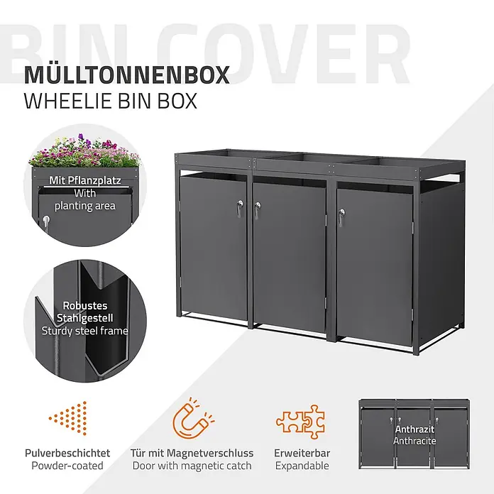 ML-Design Mülltonnenbox 3er 240L mit Pflanzdach 200x80x124 cm Anthrazit - Stahl, Anthrazit, Geeignet für Anzahl Mülltonnen: 3 Stk.