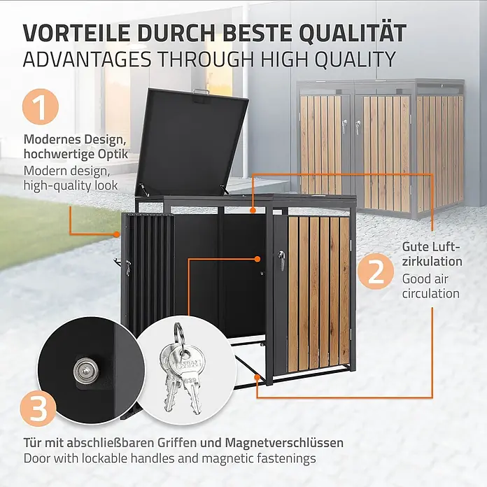 ML-Design Mülltonnenbox Mülltonnenbox 4er 240L 264x80x120cm Holzoptik mit Tür - Stahl, Anthrazit, Braun, Geeignet für Anzahl Mülltonnen: 2 Stk.