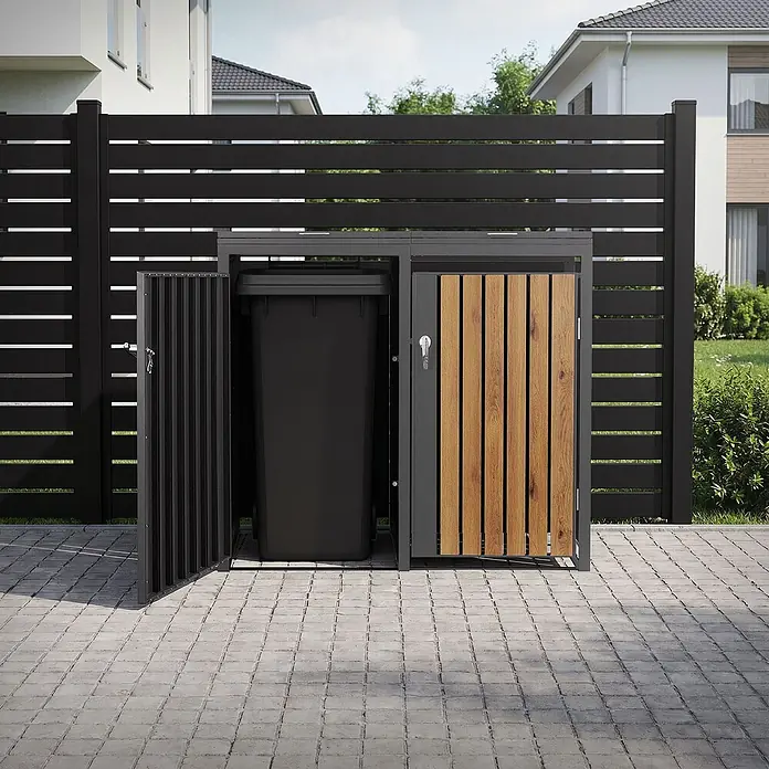 ML-Design Mülltonnenbox 2er 240L mit Klappdeckel abschließbar 132x80x120 cm Anthrazit-Eichenoptik - Stahl, Anthrazit, Braun, Geeignet für Anzahl Mülltonnen: 2 Stk.