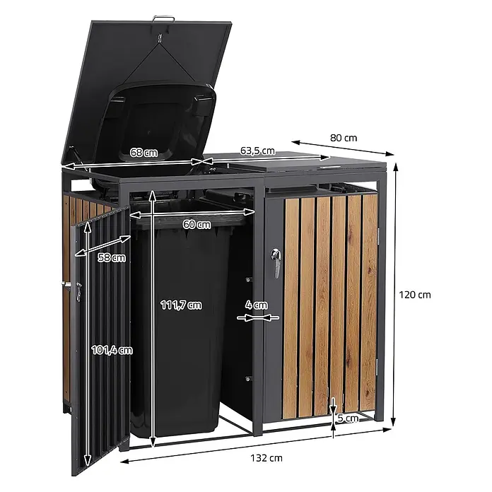 ML-Design Mülltonnenbox Mülltonnenbox 4er 240L 264x80x120cm Holzoptik mit Tür - Stahl, Anthrazit, Braun, Geeignet für Anzahl Mülltonnen: 2 Stk.