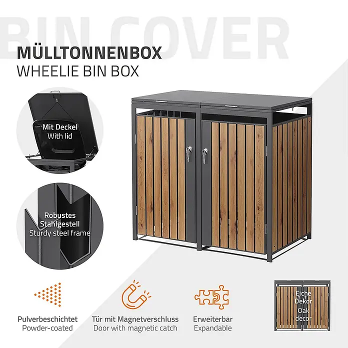 ML-Design Mülltonnenbox 2er 240L mit Klappdeckel abschließbar 132x80x120 cm Anthrazit-Eichenoptik - Stahl, Anthrazit, Braun, Geeignet für Anzahl Mülltonnen: 2 Stk.