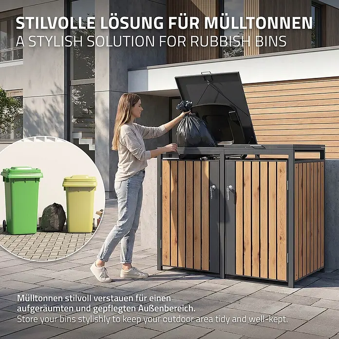 ML-Design Mülltonnenbox Mülltonnenbox 4er 240L 264x80x120cm Holzoptik mit Tür - Stahl, Anthrazit, Braun, Geeignet für Anzahl Mülltonnen: 2 Stk.