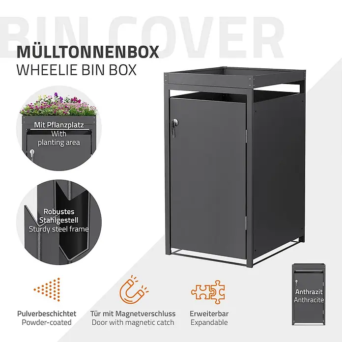ML-Design Mülltonnenbox 1er 240L mit Pflanzdach abschließbar 68x80x124 cm Anthrazit - Stahl, Anthrazit, Geeignet für Anzahl Mülltonnen: 1 Stk.