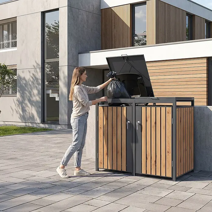 ML-Design Mülltonnenbox 2er 240L mit Klappdeckel abschließbar 132x80x120 cm Anthrazit-Eichenoptik - Stahl, Anthrazit, Braun, Geeignet für Anzahl Mülltonnen: 2 Stk.