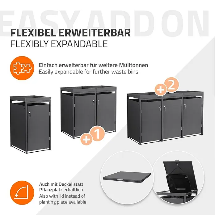 ML-Design Mülltonnenbox 1er 240L mit Pflanzdach abschließbar 68x80x124 cm Anthrazit - Stahl, Anthrazit, Geeignet für Anzahl Mülltonnen: 1 Stk.