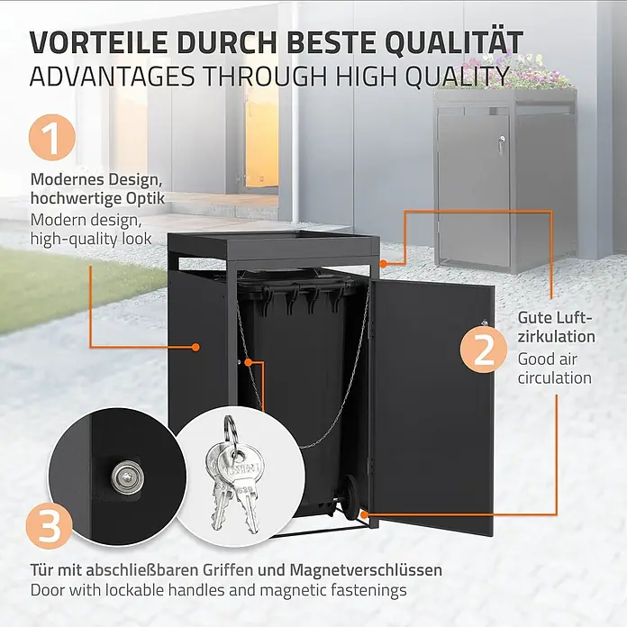 ML-Design Mülltonnenbox 1er 240L mit Pflanzdach abschließbar 68x80x124 cm Anthrazit - Stahl, Anthrazit, Geeignet für Anzahl Mülltonnen: 1 Stk.