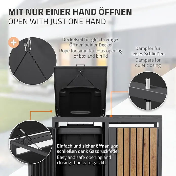 ML-Design Mülltonnenbox Mülltonnenbox 4er 240L 264x80x120cm Holzoptik mit Tür - Stahl, Anthrazit, Braun, Geeignet für Anzahl Mülltonnen: 2 Stk.