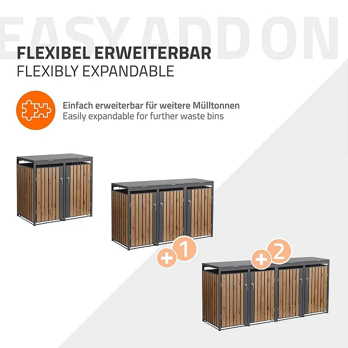 ML-Design Mülltonnenbox Mülltonnenbox 4er 240L 264x80x120cm Holzoptik mit Tür - Stahl, Anthrazit, Braun, Geeignet für Anzahl Mülltonnen: 2 Stk.