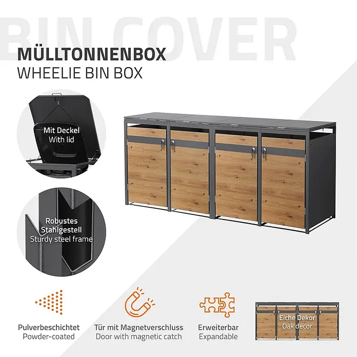 ML-Design Mülltonnenbox Mülltonnenbox 4er 240L 264x80x120cm Holzoptik mit Deckel - Stahl, Anthrazit, Hellbraun, Geeignet für Anzahl Mülltonnen: 4 Stk.