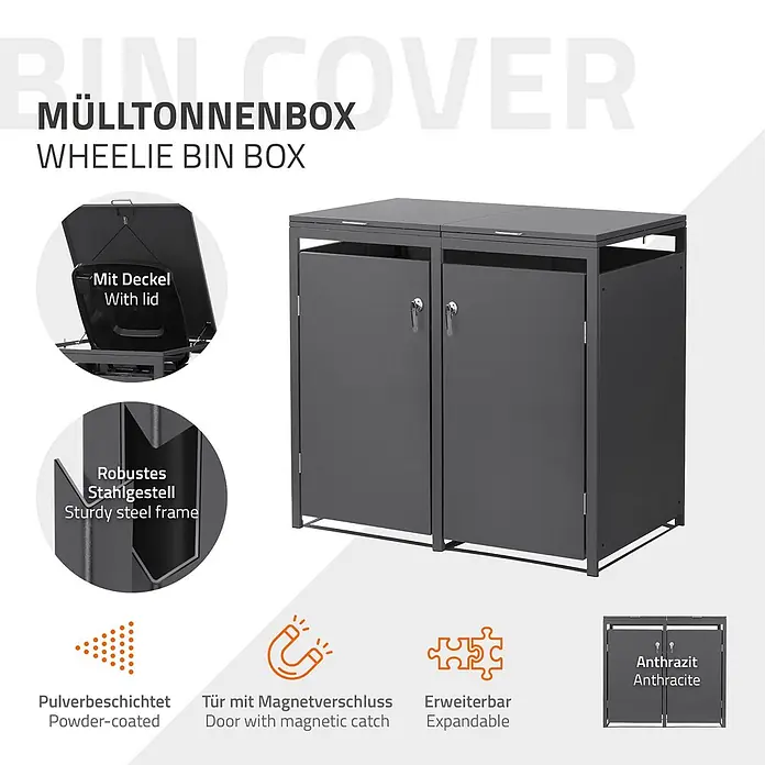 ML-Design Mülltonnenbox 2er 240L mit Klappdeckel 132x80x120 cm Anthrazit - Stahl, Anthrazit, Geeignet für Anzahl Mülltonnen: 2 Stk.