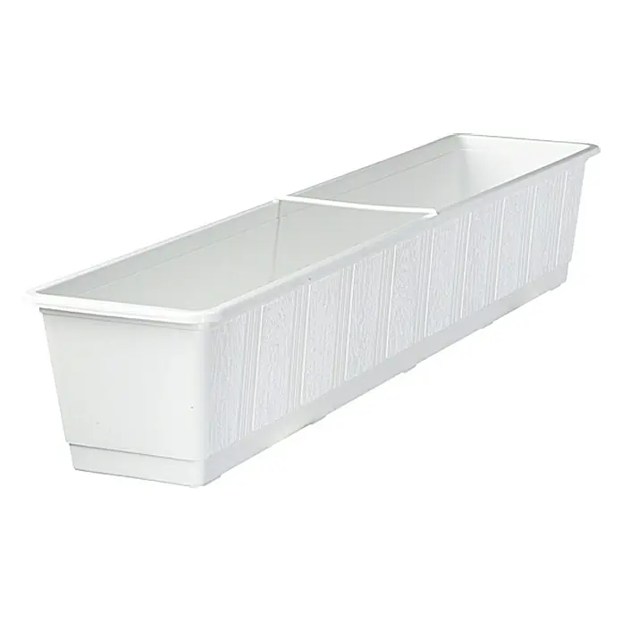 Geli Standard Jardinera para balcón - 80 cm, Blanco - Una jardinera rectangular blanca con un patrón de madera y un separador en el medio, ideal para plantar en un balcón o terraza.
