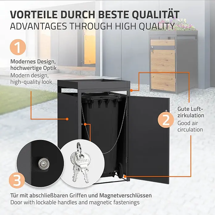 ML-Design Mülltonnenbox Mülltonnenbox 1er 240L 68x80x124cm Holzoptik mit Pflanzdach - Stahl, Anthrazit, Braun, Geeignet für Anzahl Mülltonnen: 1 Stk.